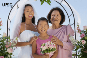 Mother of the bride with bride and granddaughter at wedding, ideal moment for a heartfelt mother of the bride speech.