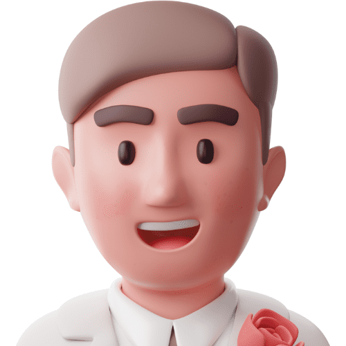 3D illustration of a smiling man in a suit with a boutonniere, symbolizing a personalized father of the bride speech by Wedding Speech Genie.