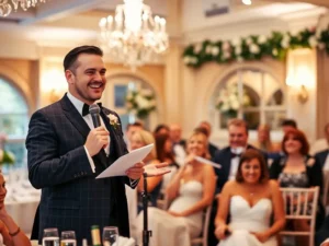 a best man speech being delivered, standing confidently and giving a wedding speech.