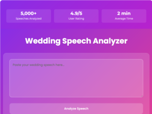 Wedding Speech Analyzer interface showing statistics of 5000+ speeches analyzed, 4.9/5 user rating, and 2 minute average analysis time